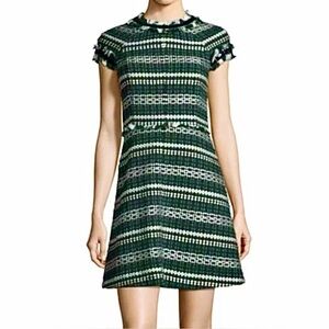 Tory Burch Norfolk Striped Tweed Dress 2 Cap Sleeve Fit & Flare Green Blk Wht